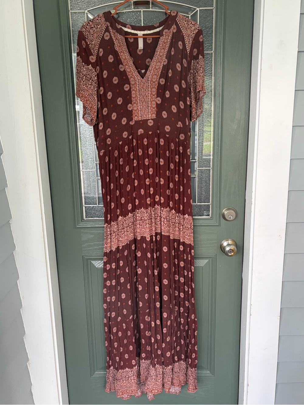 Women's Brown Patterned V-Neck Boho Dress